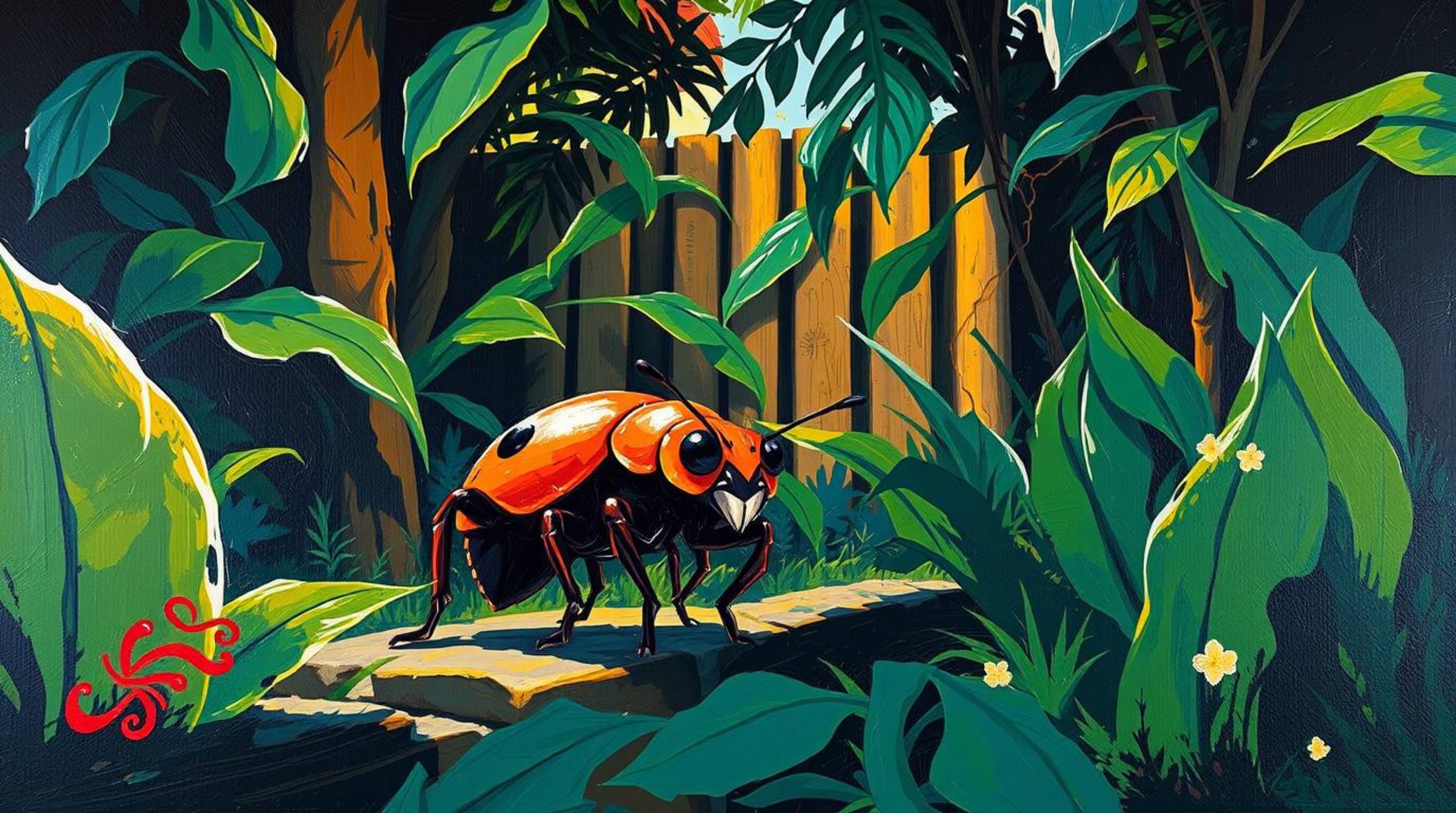 Discover a dramatic acrylic painting depicting a bug-sized hero's adventure through a lush backyard jungle.  This low-angle p