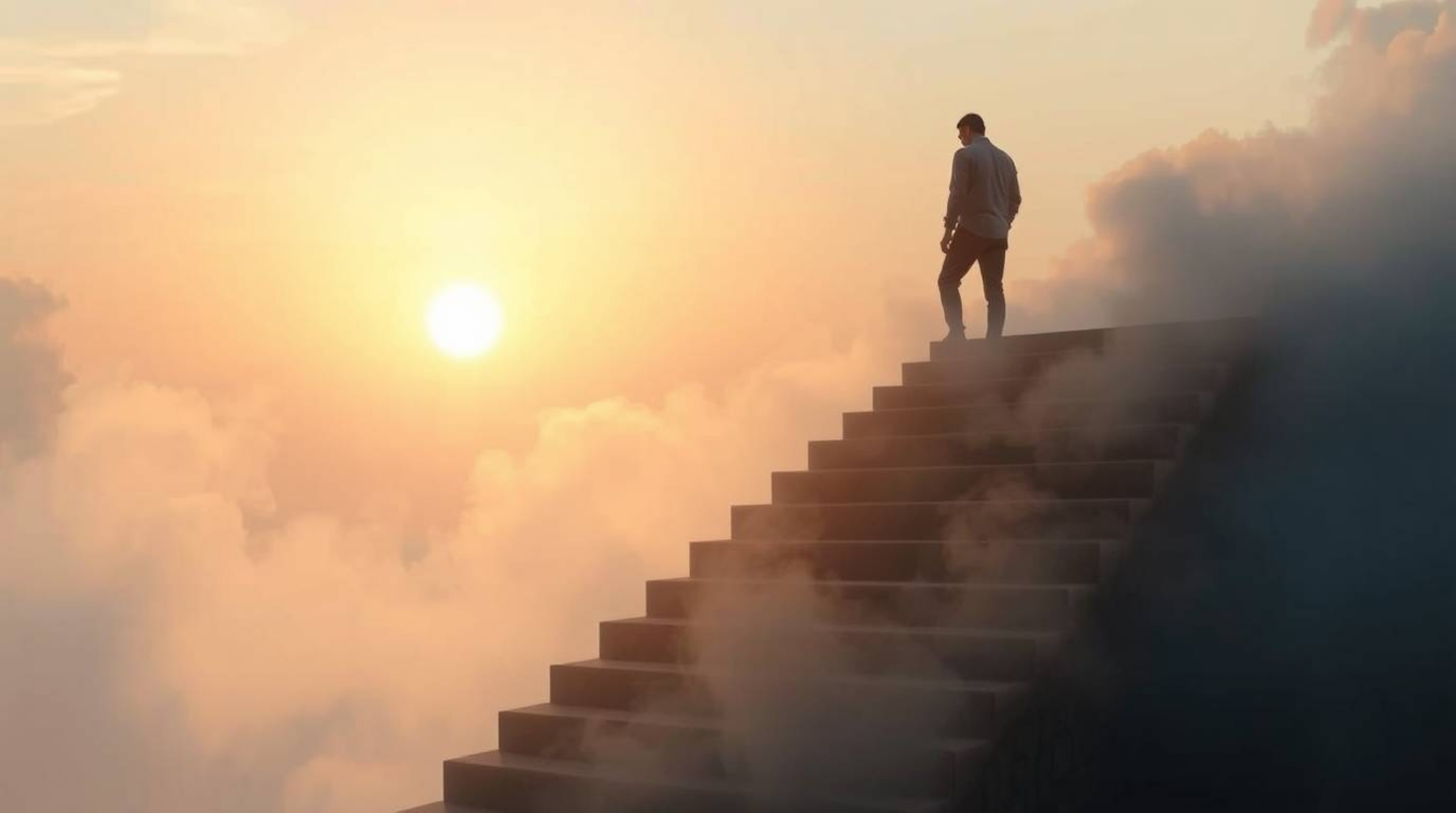 A lone figure ascends a stone staircase bathed in the soft glow of a pastel sunset, climbing towards a divine beam of light. 