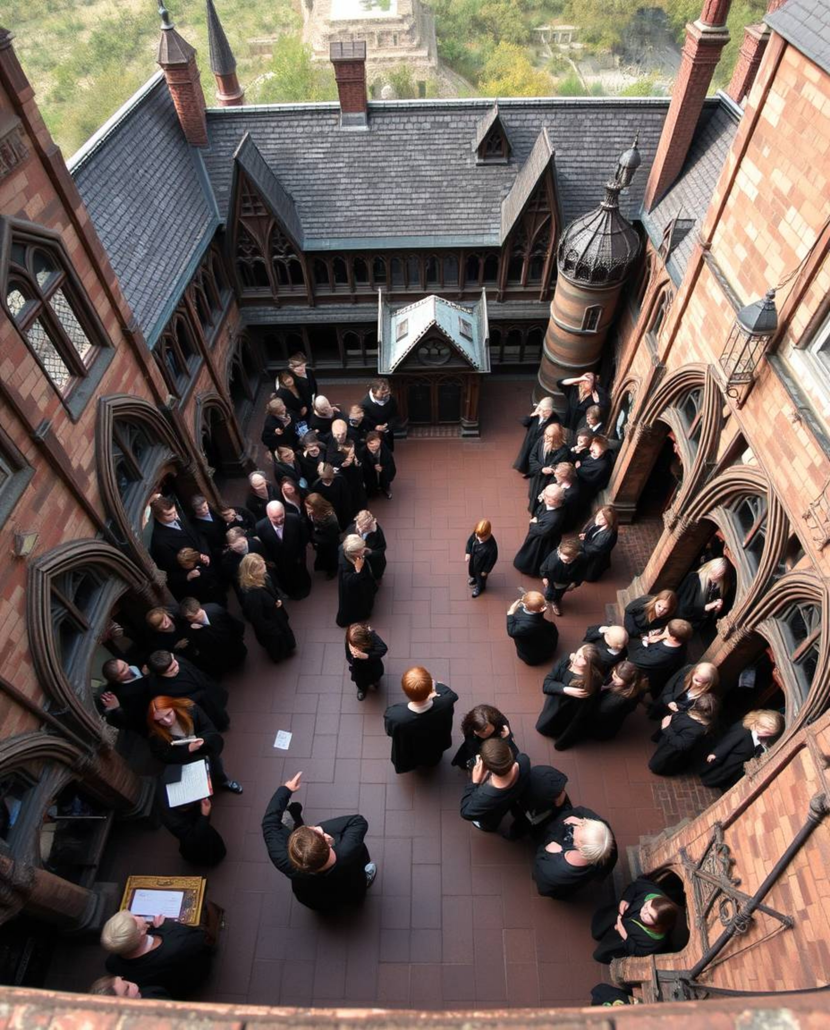 Experience the enchanting world of a magical school brimming with young wizards. This captivating high-angle perspective offe
