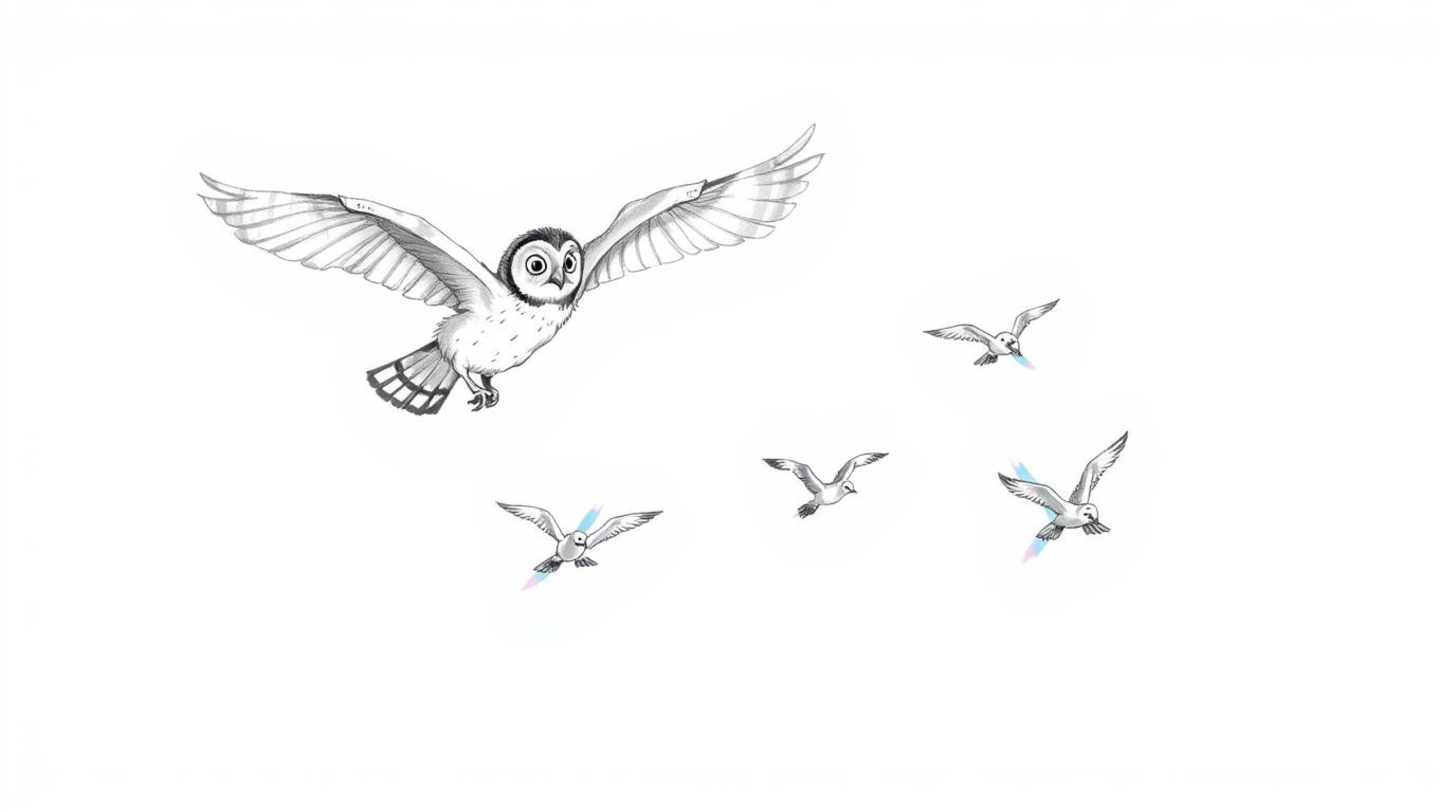 A whimsical hand-drawn sketch inspired by Pixar, showcasing a blind owl mid-flight, guiding a group of birds in their flying 