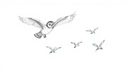 A whimsical hand-drawn sketch inspired by Pixar, showcasing a blind owl mid-flight, guiding a group of birds in their flying 