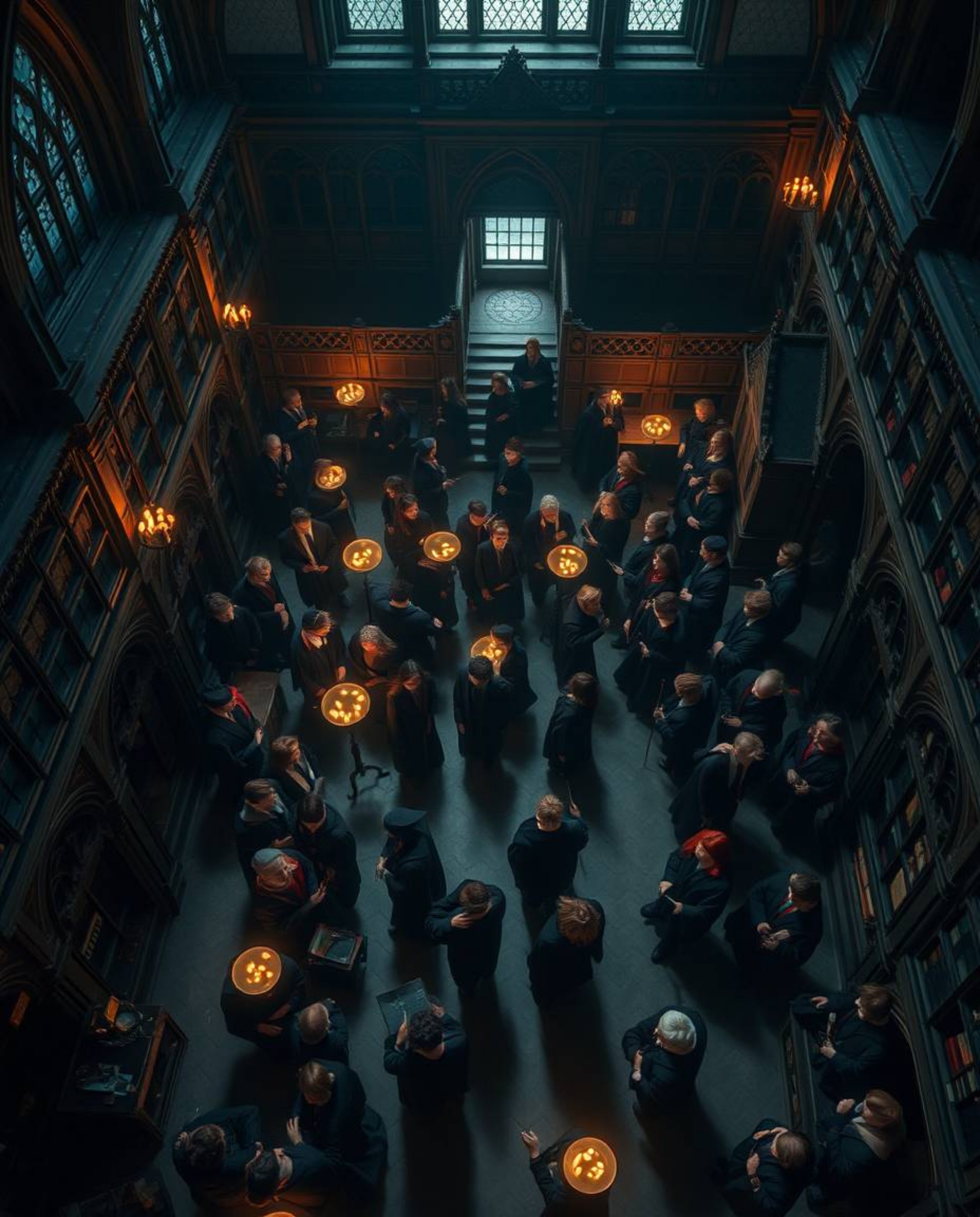 Explore a breathtaking high-angle, bird's-eye view of a magical school teeming with young wizards, bathed in gentle soft ligh