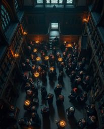 Explore a breathtaking high-angle, bird's-eye view of a magical school teeming with young wizards, bathed in gentle soft ligh