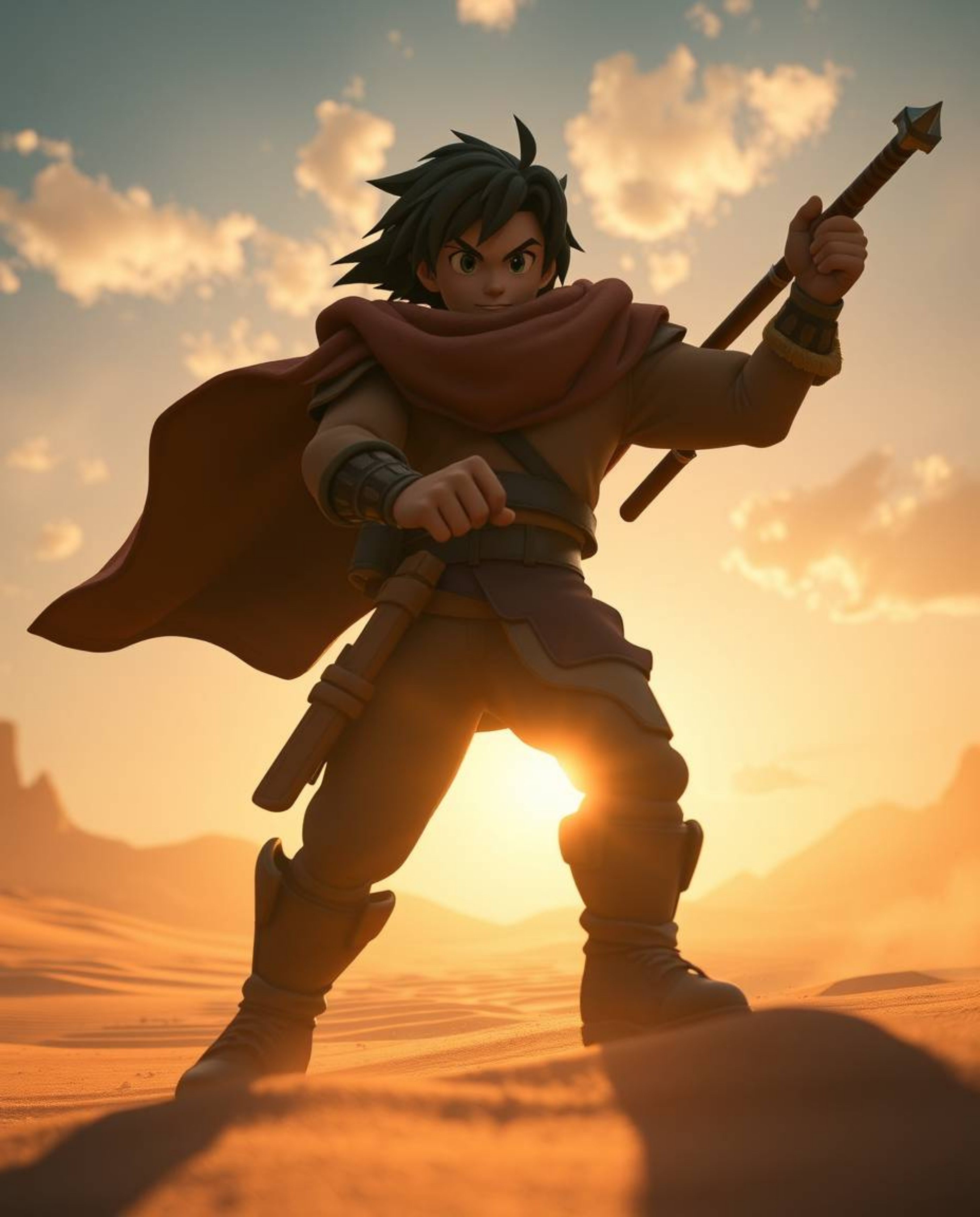 A brave Disney-style hero embarks on a thrilling desert adventure, captured in a dramatic low-angle shot bathed in the warm,