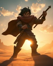 A brave Disney-style hero embarks on a thrilling desert adventure, captured in a dramatic low-angle shot bathed in the warm, 