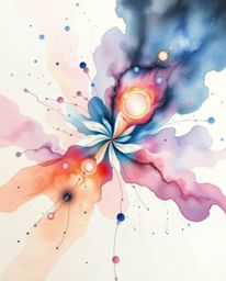 A mesmerizing watercolor painting depicting the collision of galaxies in a vibrant cosmic explosion.  Translucent washes and 