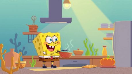 Dive into a whimsical underwater world with a sponge character chef cooking up a storm in a modern flat design kitchen. Bathe