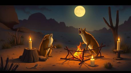 Immerse yourself in a whimsical digital painting depicting a coyote meticulously setting up a hilariously absurd trap in the 