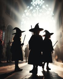 Imagine a magical school filled with silhouetted young wizards, bathed in a bright backlight that creates an ethereal and spi