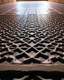 Capture the awe-inspiring beauty of historically accurate Islamic geometric patterns carved in stone, viewed from a dramatic 