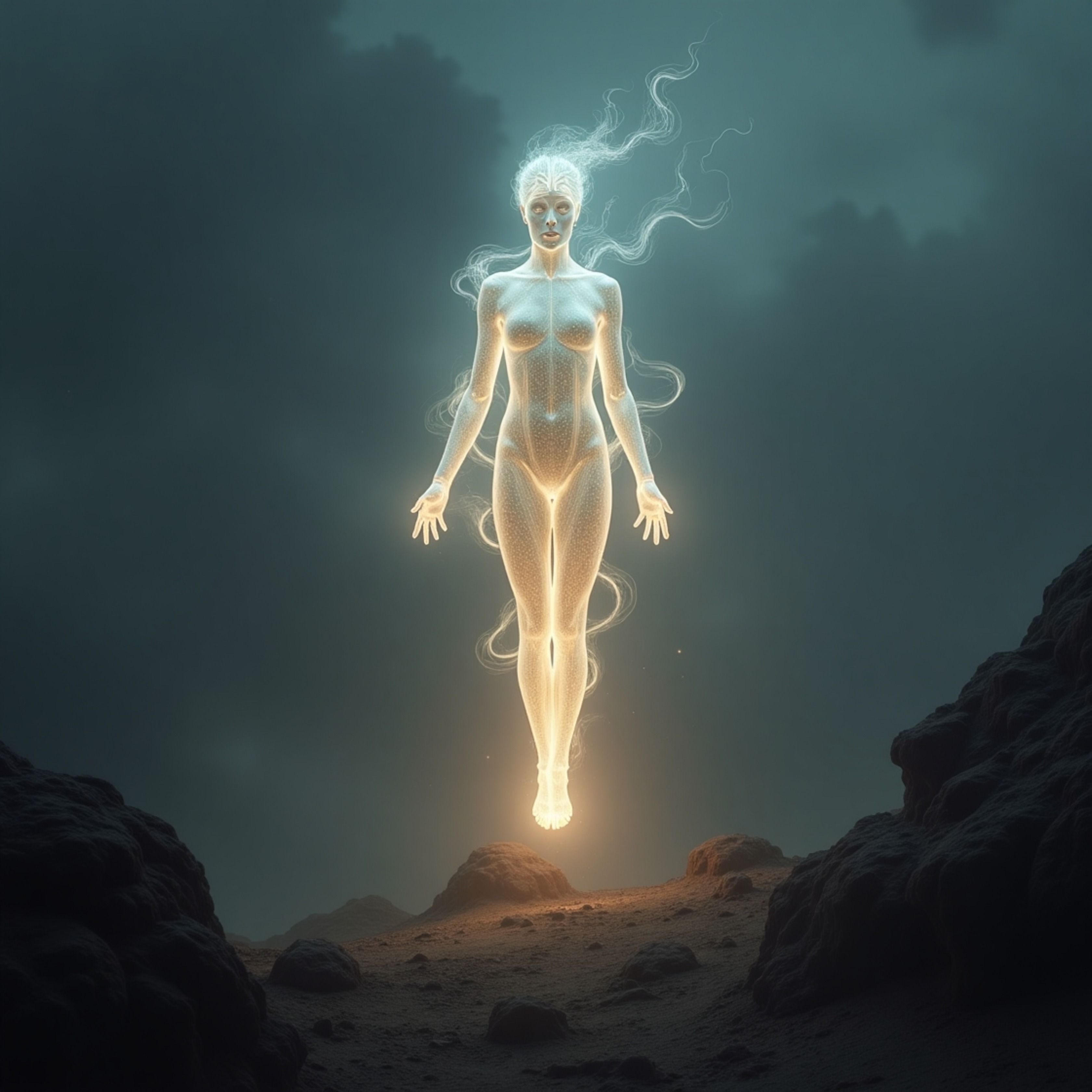 A captivating vision of an ethereal being composed of shimmering light and energy graces the landscape of a distant planet. T