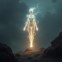 A captivating vision of an ethereal being composed of shimmering light and energy graces the landscape of a distant planet. T