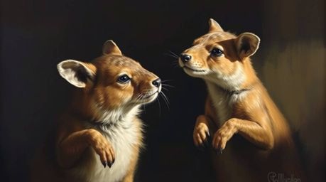 A classic oil painting featuring a mischievous duo of talking animals, rendered with high contrast and low-key lighting to cr