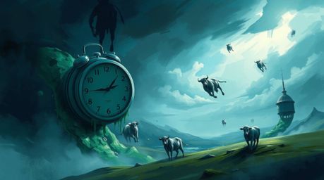 Explore a dynamic digital sketch showcasing a surreal dreamscape filled with melting clocks and floating cows. This artwork e