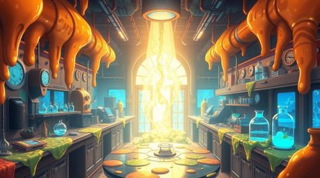 Experience a captivating isekai anime scene: a luxurious, slime-covered science lab bathed in warm golden light.  The express