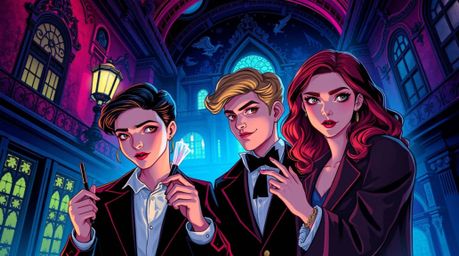 Explore an elegant illustration featuring refined teens solving mysteries within a vividly lit and haunted mansion. This imag