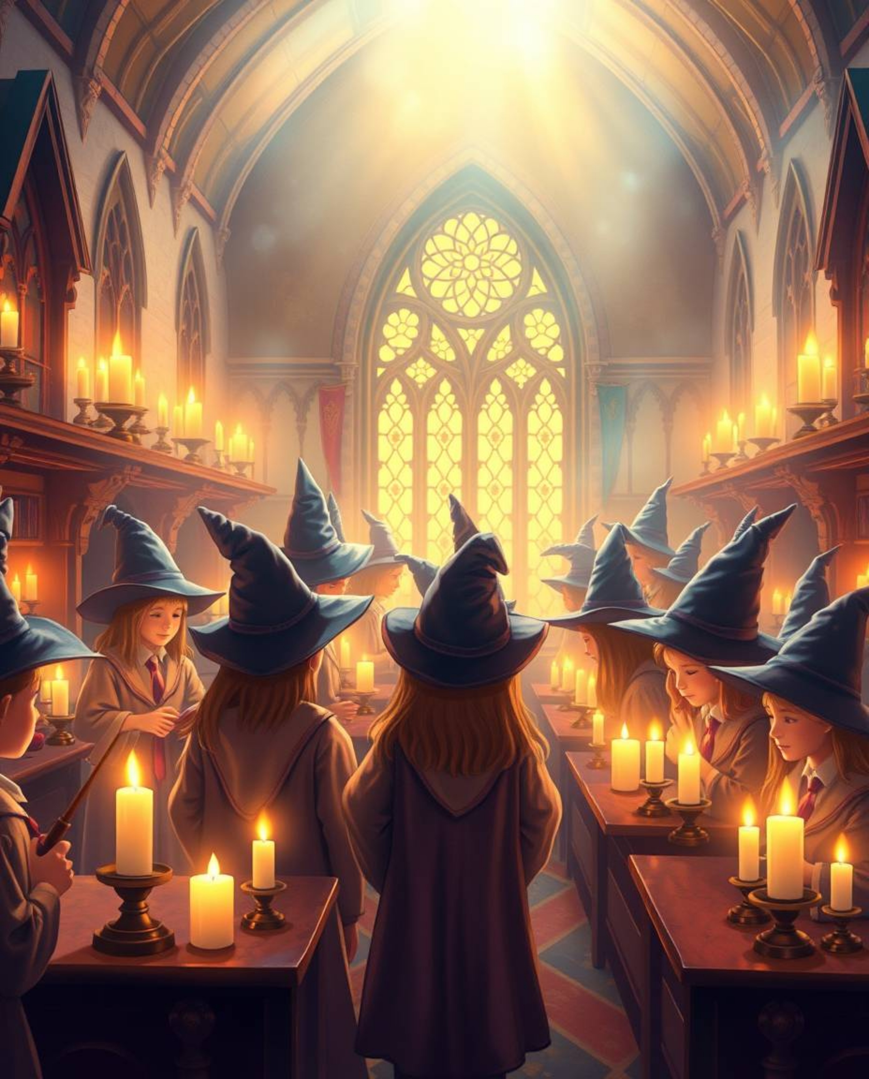 Immerse yourself in a magical school brimming with young wizards, bathed in the warm glow of candlelight and soft pastel colo