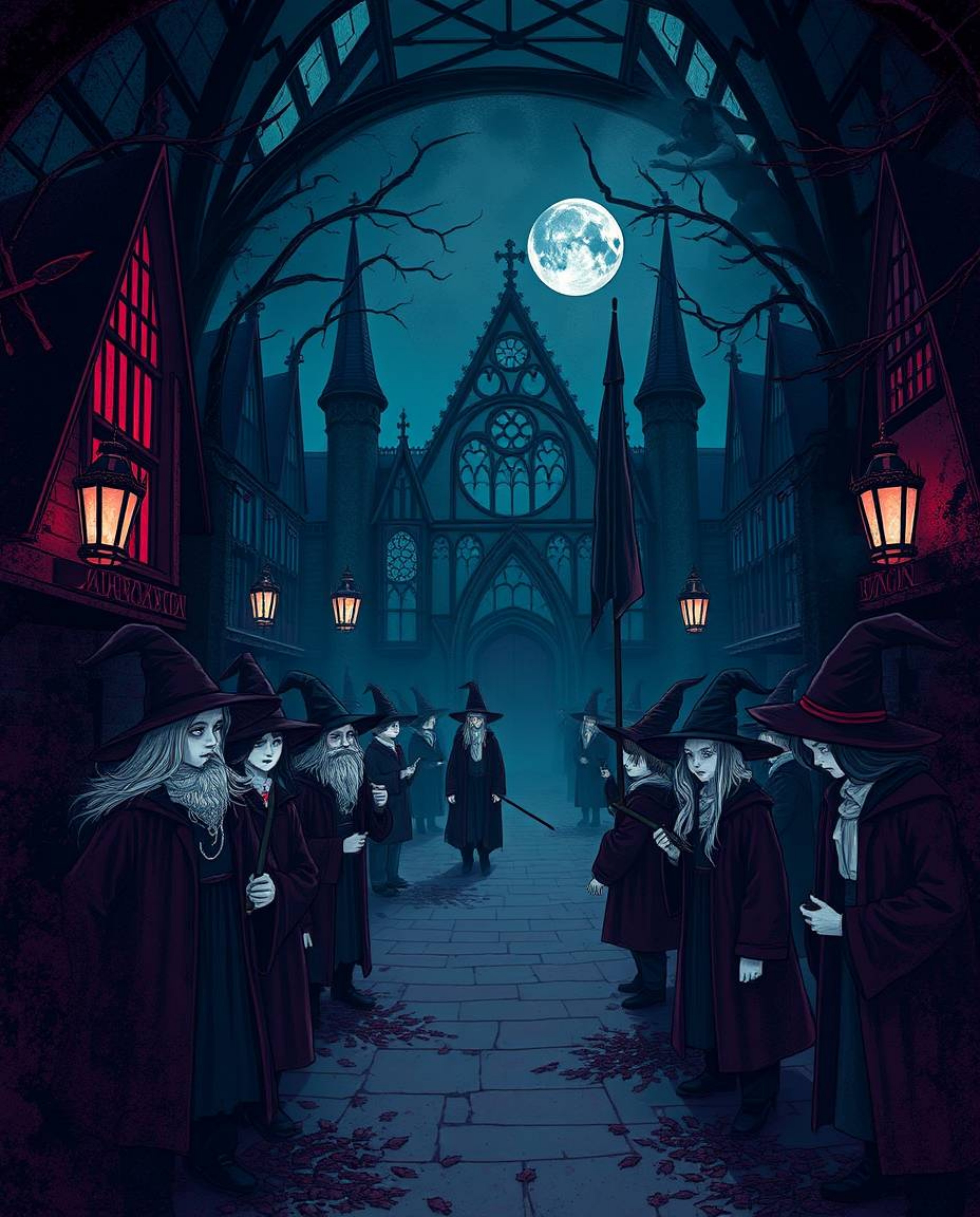 A sophisticated and eerie illustration depicting a magical school brimming with young wizards. The artwork is rendered in ric