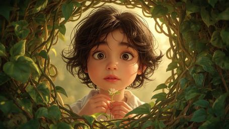 In a high-resolution stock photo depicted in a vibrant, Pixar-inspired style, a brilliant homeschooled young genius watches w