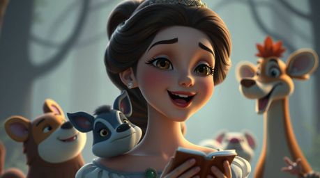 A beautiful princess with delicate features and fair skin joyfully sings with various forest animals in a charming vintage 2D