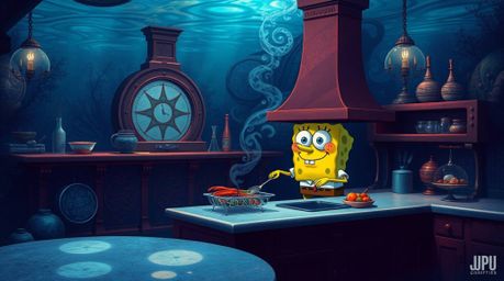 Discover a mesmerizing underwater kitchen scene featuring a sophisticated sponge character cooking amidst a mystical, enchant