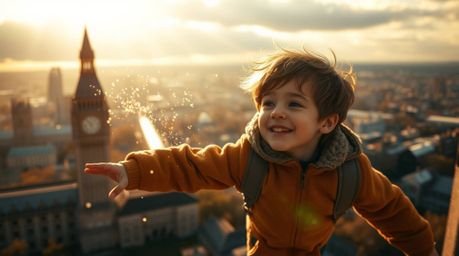 A captivating image of a young boy soaring above the London skyline, sprinkled with magical pixie dust.  Illuminated by drama