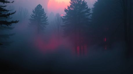 Explore a captivating digital artwork depicting a misty forest bathed in the warm glow of golden hour, enhanced by rich burgu