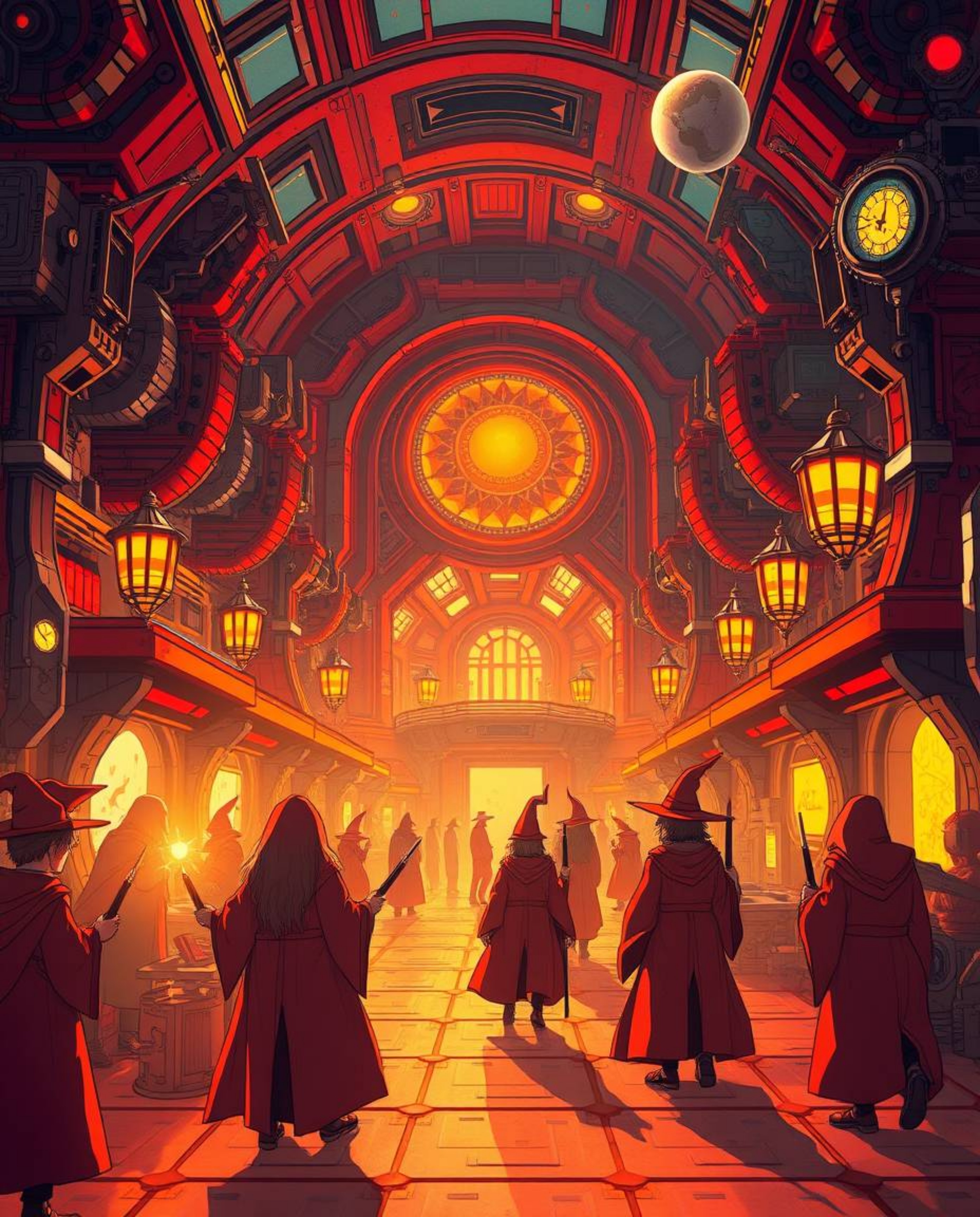 Immerse yourself in a captivating futuristic sci-fi illustration of a magical school teeming with young wizards. Bathed in th