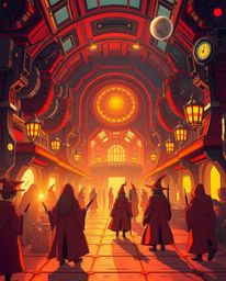 Immerse yourself in a captivating futuristic sci-fi illustration of a magical school teeming with young wizards. Bathed in th