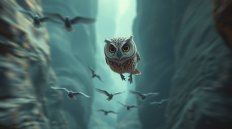 A captivating long exposure photograph showcasing a blind owl, rendered in Pixar style with large, gentle eyes, guiding a flo