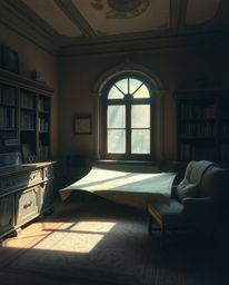 An ethereal, glowing map floats within the confines of an old study, rendered in delicate pastel hues.  The scene is dramatic