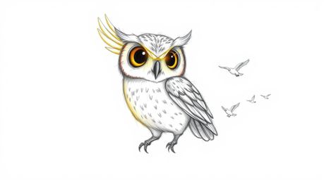 A captivating hand-drawn sketch in the style of Pixar animation depicts a blind owl with radiant golden feathers leading a fl