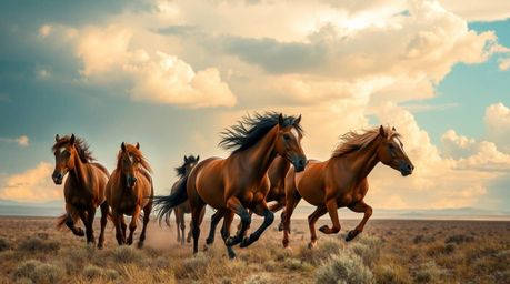 Witness a breathtaking scene of wild horses galloping across an expansive landscape beneath a dramatic, glowing sky. The stri