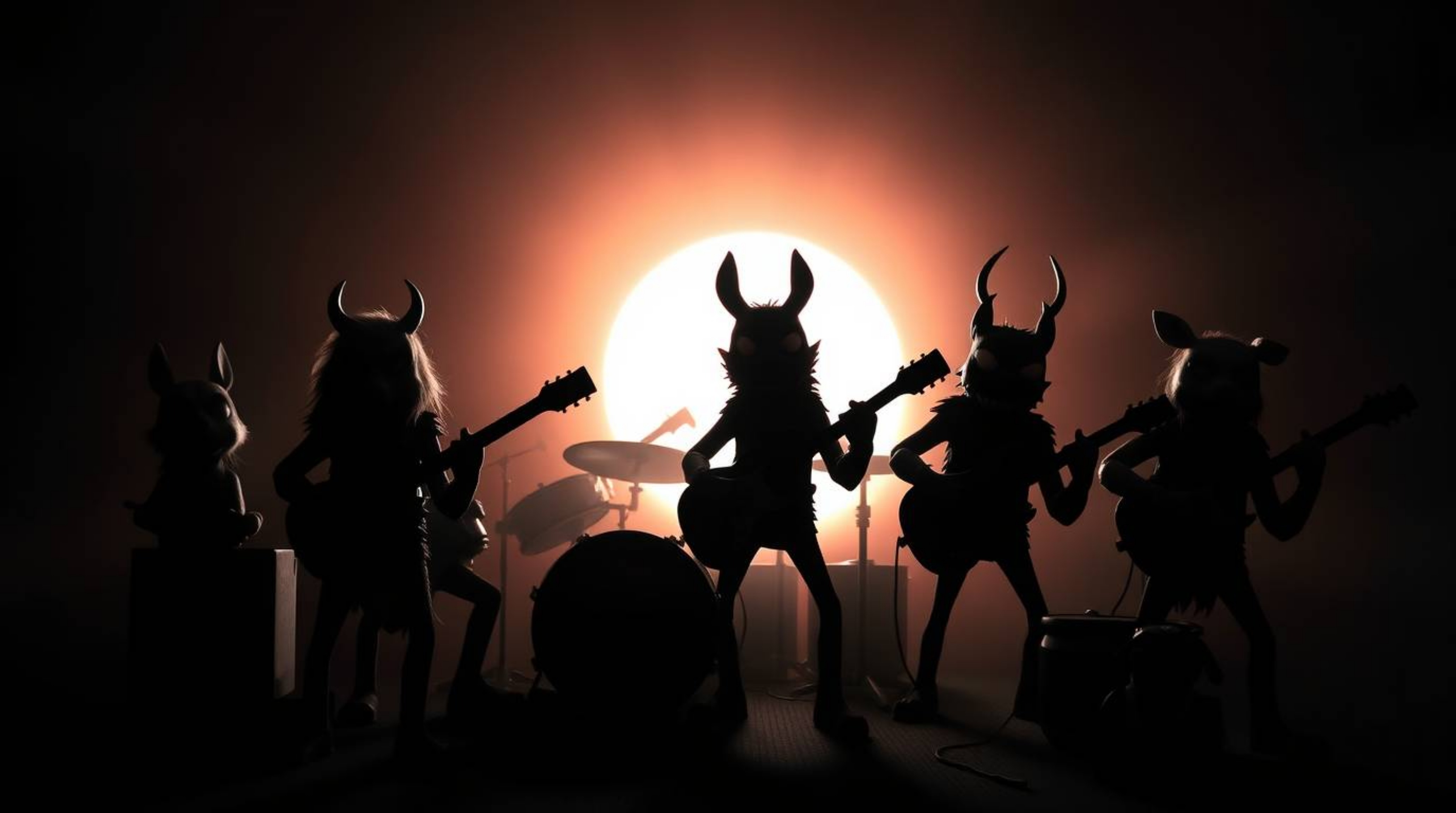 A chilling scene featuring a band of cartoon animals playing rock music, silhouetted against a bright light source.  The dark