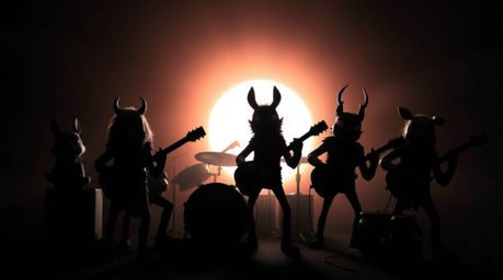 A chilling scene featuring a band of cartoon animals playing rock music, silhouetted against a bright light source.  The dark