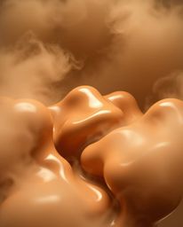 This image showcases sculptural 3D fluid shapes, seemingly made of mercury, presented under studio lighting. A palette of nat