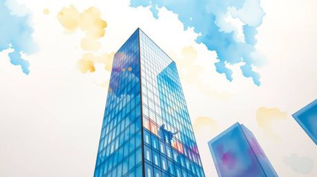 A bright and vibrant watercolor painting showcases a modern glass building seemingly dissolving into a soft, cloudy sky, beau