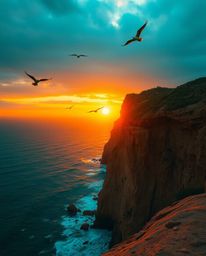 This is a dramatic, cinematic-style depiction of a sunset over a coastal cliff with soaring birds. The image is defined by it