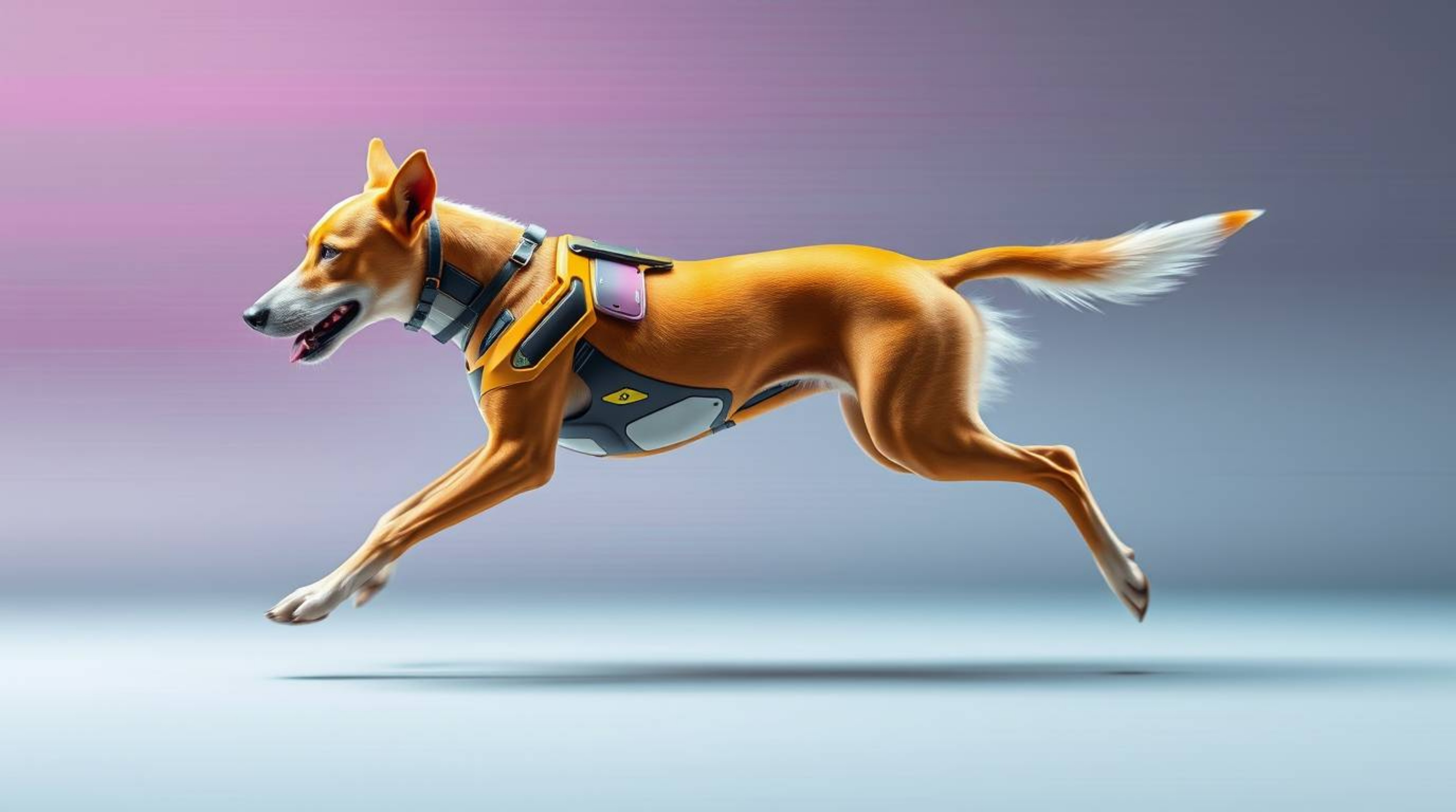 A futuristic dog, dynamically in motion, embarks on a self-guided walk through the vastness of space. The scene is rendered w
