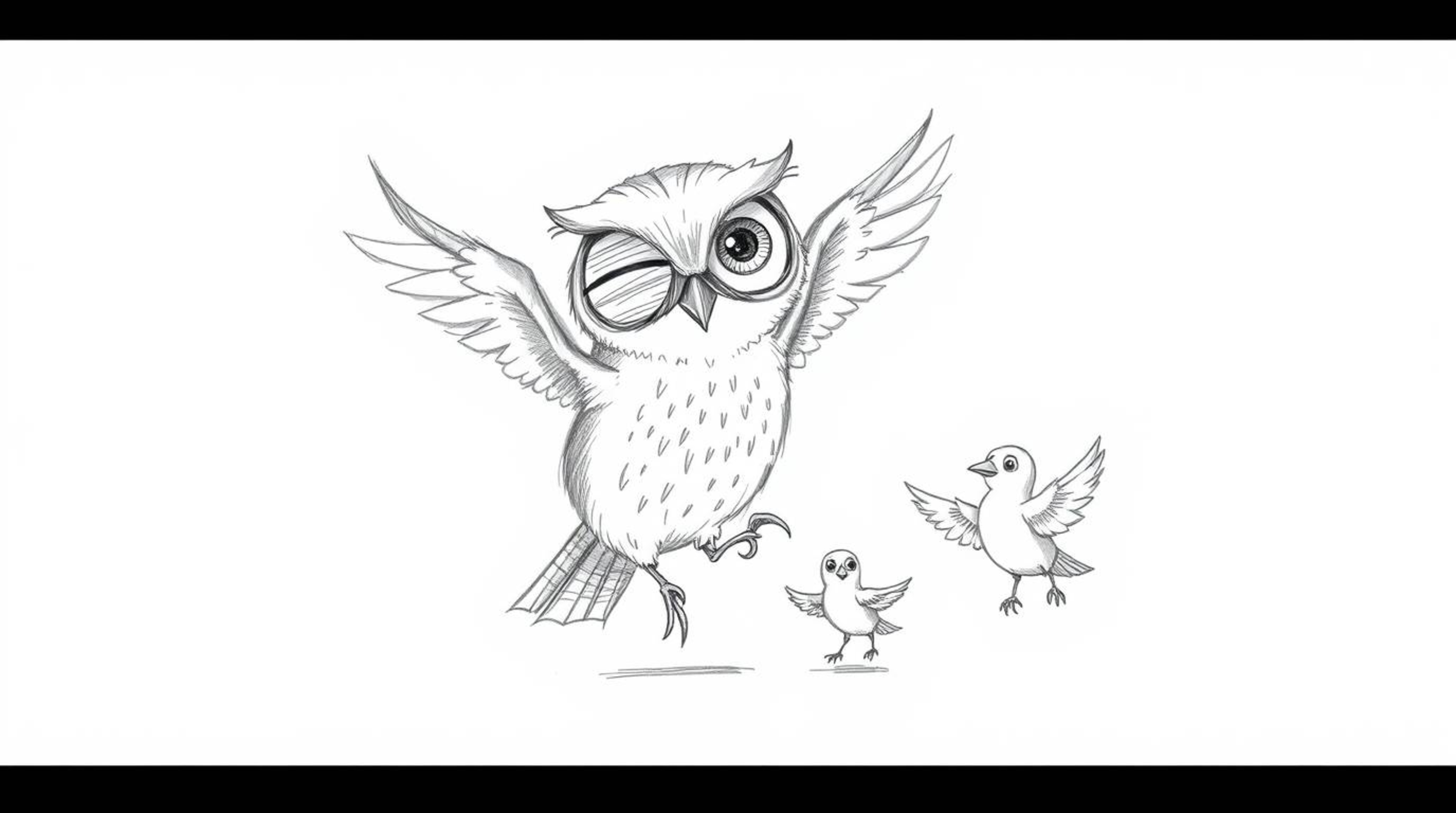 A heartwarming hand-drawn Pixar-style sketch showcases a blind owl with captivating, expressive eyes guiding small birds in t