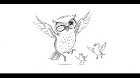A heartwarming hand-drawn Pixar-style sketch showcases a blind owl with captivating, expressive eyes guiding small birds in t