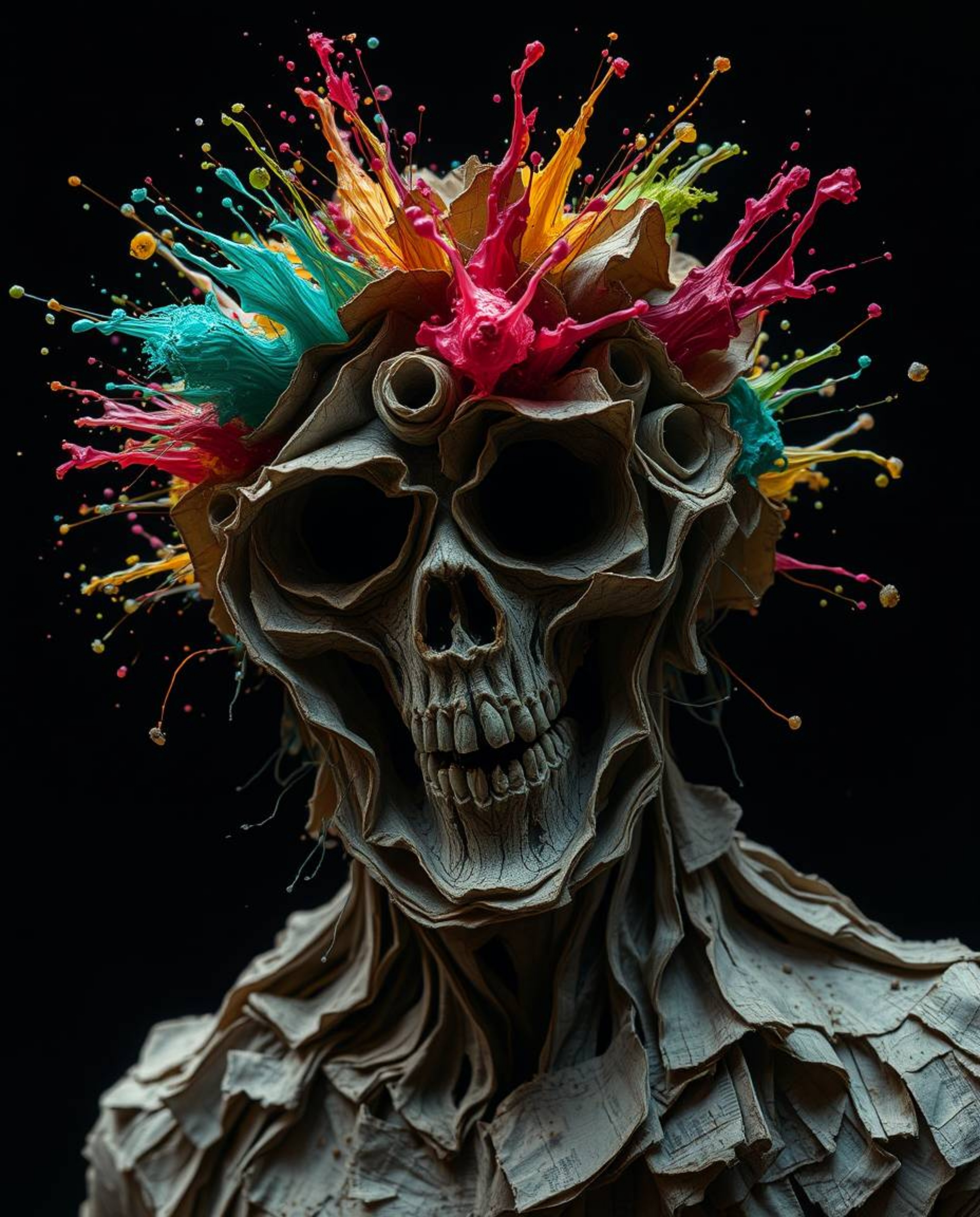This layered papier-mâché sculpture creates an eerie and creepy atmosphere with unsettling details and textured layers. Dynam