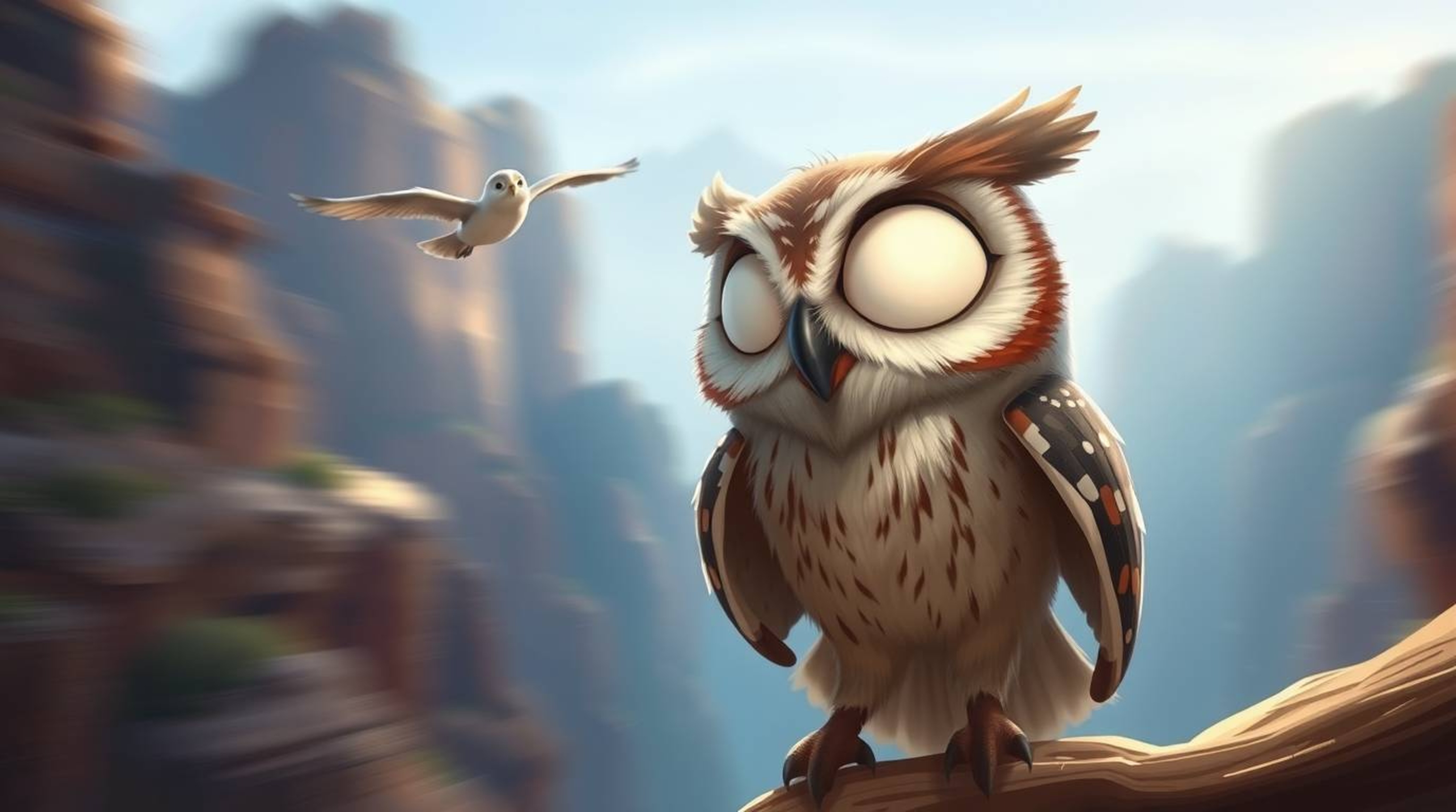 This enchanting digital painting, created in a heartwarming Pixar style with a long exposure aesthetic, features a blind owl 