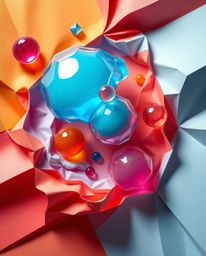 Explore intricate origami-style artwork showcasing floating 3D blobs of fluid jelly with vibrant colors and synthetic texture