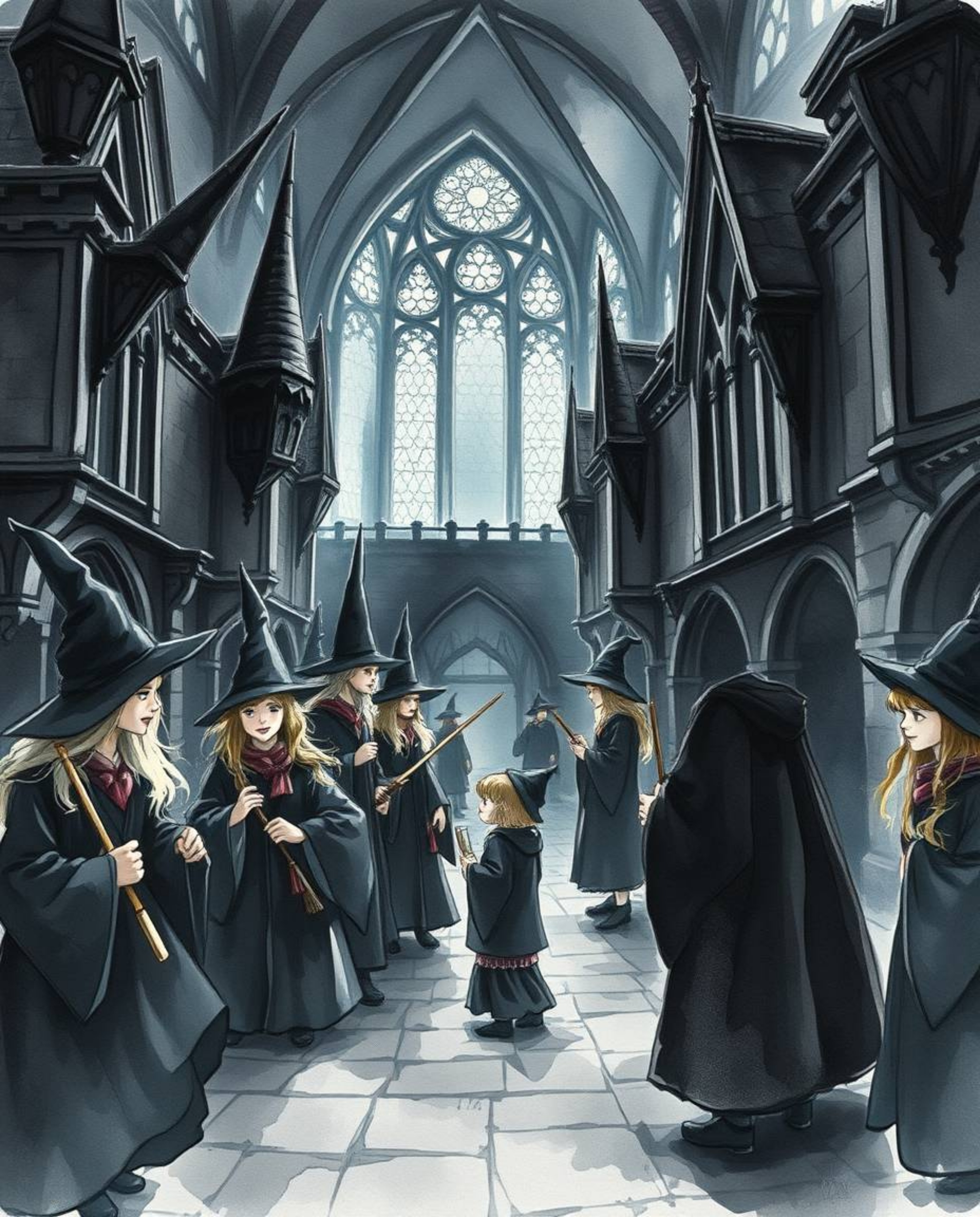 Discover a captivating watercolor painting depicting a magical school brimming with young wizards.  Rendered in intense jet b