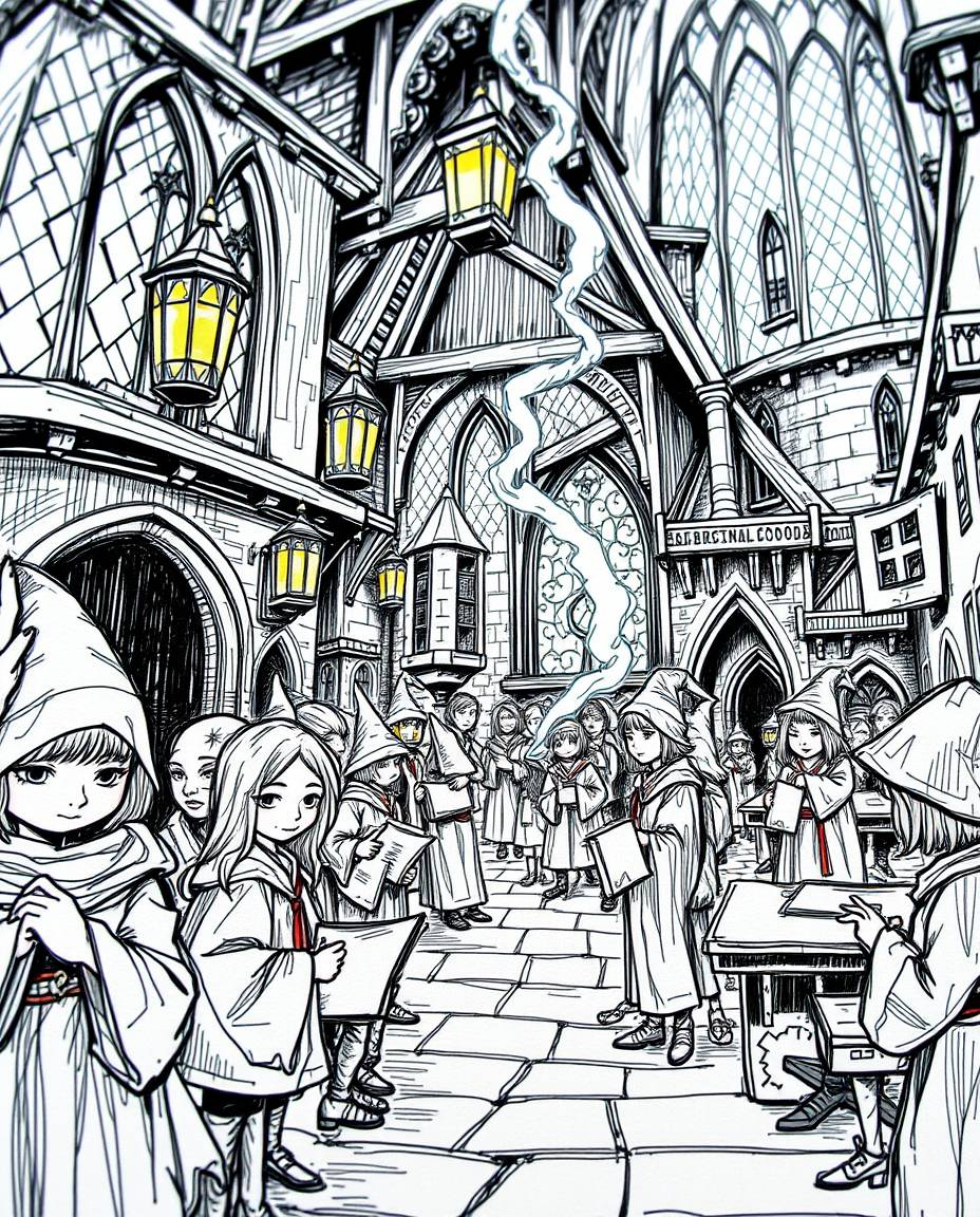Discover a captivating extreme macro hand-drawn sketch of a magical school brimming with young wizards. This color sketchnote