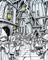 Discover a captivating extreme macro hand-drawn sketch of a magical school brimming with young wizards. This color sketchnote