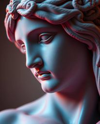 An extreme macro close-up reveals a classical sculpture infused with a vibrant glitch effect. This digital corruption theme s