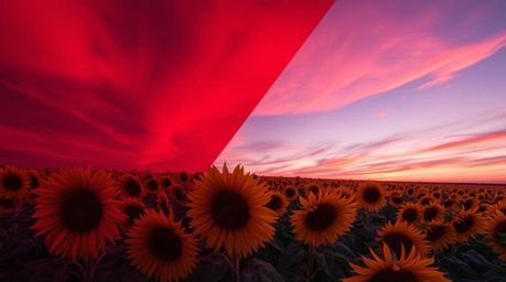 This high-angle, editorial-style photograph captures a stunning sunflower field bathed under a deep red and purple sky. Featu