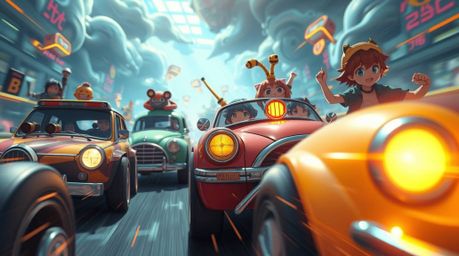 Experience the thrill of a wacky racing scene brought to life in a vibrant Isekai anime style. This close-up shot features ou